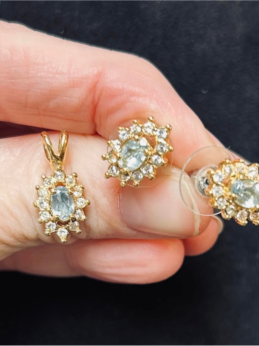 Gold Aquamarine Halo Pendant and Stud Earring Set